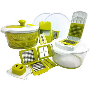 lot 1741 image: MegaChef 10-in-1 Multi-Use Salad Spinning Slicer Dicer and Chopper with Interchangeable Blades and Storage Lids