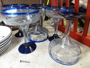 lot 17560 image: Hand Blown Clear and Blue  Margarita Glasses (6)