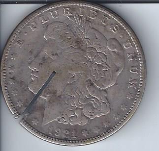 lot 1946 image: 1921 Morgan Dollar Cut through