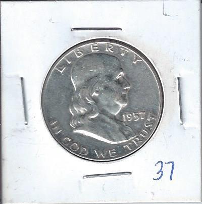 lot 1301 image: 1957 Benjamin Franklin Silver Half Dollar