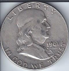 lot 1304 image: 1962 Benjamin Franklin Silver Half Dollar