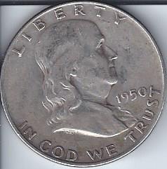 lot 1992 image: 1950 Benjamin Franklin Silver Half Dollar