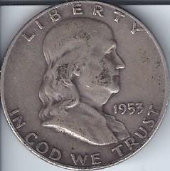 lot 1999 image: 1953 Benjamin Franklin Silver Half Dollar