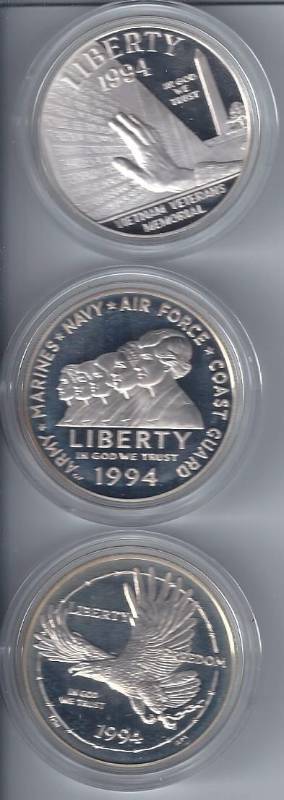 lot 1352 image: 1994 US Veterans Commemorative &nbsp3 ounces of Silver Coin Set. Each coin is one ounce of fine silver
