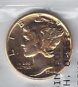 lot 1381 image: 1944 Gold Plated Mecury Dime