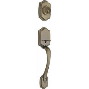 lot 3270 image: Kwikset Belleview Single Cylinder Handleset wTylo Knob featuring SmartKey� in Antique Brass