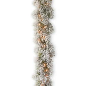 lot 3334 image: 9 x 12 Pre-Lit Snowy Bristle Pine Artificial Christmas Garland - Clear Lights