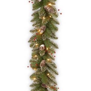 lot 7953 image: National Tree Company 9 x 10 Glittery Mountain Spruce Garland with White Edged Cones, Red Berries and 50 Clear Lights