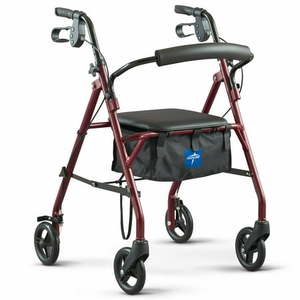 lot 7965 image: Medline Steel Rollator Walker Folding Rolling Walker 6 Wheels 350lb Weight Capacity Burgundy Red Frame