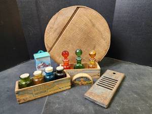 lot 100 image: Wooden Cheese Box, Metal Grater, and Decor