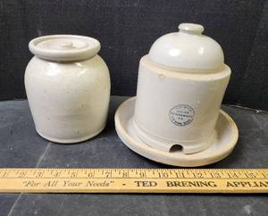 lot 110 image: Vintage Crocks (see pics for damage to lid)