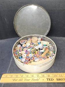 lot 122 image: Vintage Tin Full of Sewing Notions