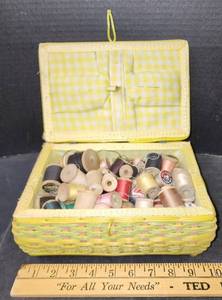 lot 123 image: Vintage Thread Spools in Basket
