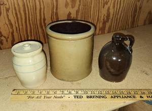lot 138 image: (3) Crocks (see pics for repairs to jug)