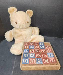 lot 149 image: Vintage Wooden Baby Blocks and Vintage Teddy Bear