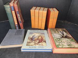 lot 197 image: Antique Childrens Books 1904 Copyright Treasure Island (and other Stevensons books), 1902 Copyright The Little Shepherd of Kingdom Come by John Fox Jr., and 1925 Copyright Bible Story Readers