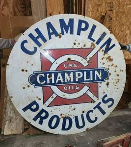 lot 211 image: Antique 72 Round Metal Champlin Products Sign