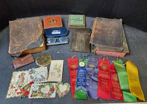 lot 228 image: Vintage Valentines, 1924 and 1926 Poultry Ribbons, German Bible, and More