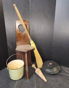 lot 281 image: Milking Stool, Enamel Bucket, Popcorn Popper, Straw Broom, and Wooden Pestle