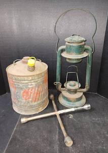 lot 282 image: Metal Gas Can, Lantern, and 4-Way Tire Iron