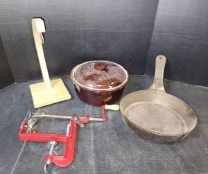 lot 293 image: National #10 Skillet, USA Crock Casserole Dish with Lid, Banana keeper, and Apple PeelerSlicer