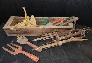 lot 294 image: Wooden Box, Mole Trap, and Garden Tools
