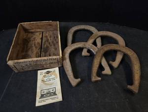 lot 296 image: Wooden Box with (4) Horseshoes