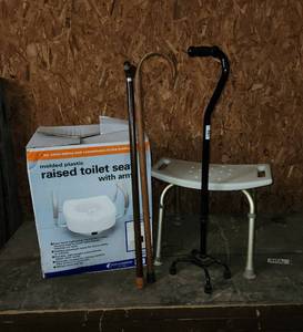 lot 417 image: NIB Molded Plastic Raised Toilet Seat with Arms, (3) Canes, and Shower Bench
