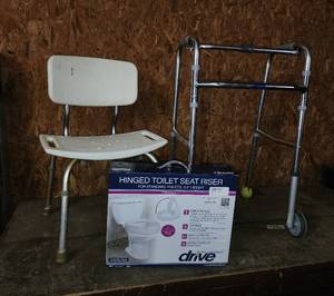 lot 418 image: NIB Hinged Toilet Seat Riser, Shower Chair, and Walker
