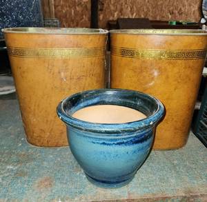 lot 459 image: (2) Brass Trash Cans and Glazed Terracotta Flowerpot