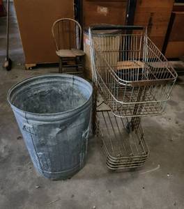 lot 478 image: Galvanized Trashcan and Vintage Shopping Cart