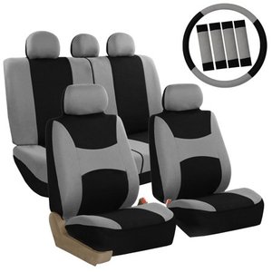lot 52480 image: FH Group Light & Breezy Gray and Black Auto Accessories Set with Steering Wheel Cover and Seat Belt Pads Airbag Compatible and Split Bench Full Set Seat Covers