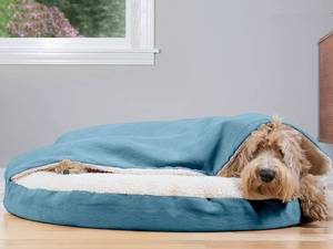 lot 52498 image: Furhaven Cozy Pet Beds for Small, Medium, and Large Dogs and Cats - Snuggery Hooded Burrowing Cave Tent, Deep Dish Cushion Donut Dog Bed