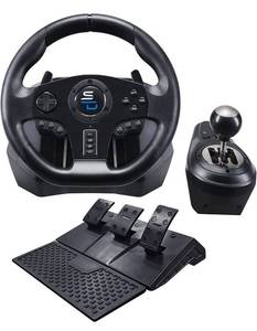 lot 100351 image: Retail $169.00 Superdrive - GS850-X racing steering wheel with manual shifter, 3 pedals, paddle shifters