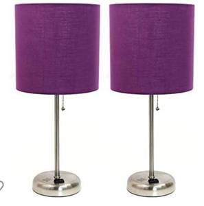 lot 200294 image: Limelights LC2001-PRP-2PK Stick Charging Outlet Fabric Shade 2 Pack Table Lamp Set, Brushed SteelPurple, 2 Count
