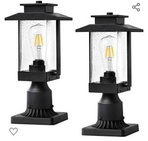 lot 200340 image: Auzetor Outdoor Post Lights, Lamp Post Light Fixture, Post Lantern with Pier Mount Base, Black Finish with Clear Seeded Glass, 2 Pack, AZ-2497-1G-2PK