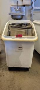 lot 18016 image: White Mobile Ingredient Bin W 3 Stainless Steel Tea Dispensers