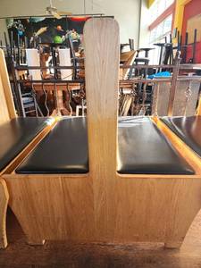 lot 18079 image: Light Wood Double Sided Booth with Black Cushioned Seat