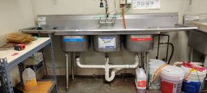 lot 18101 image: Eagle 90in Stainless Steel 3-Compartment Sink W an Eco-Lab Sanitizer and Soap Dispenser