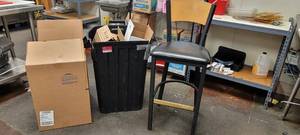 lot 18126 image: Metal Bar Height Chair W Leather Seat, 32 Gallon Trash Bin, and a Box of Planet Sub To-Go Cups