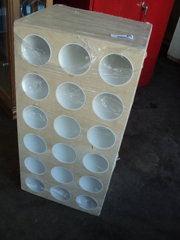 lot 4016 image: Maple and PVC Wine Cabinet, freestanding or can be installed, 31 x 15-12 x 12-12, holds 18 bottles.