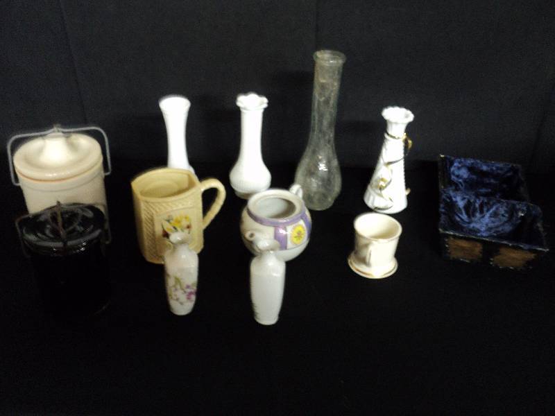 lot 4027 image: (12) ct. mixed lot vases, crocks, cups and small chest