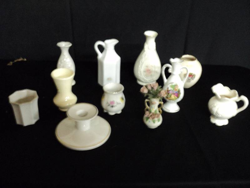 lot 4032 image: (9) ct. mixed lot small vases pitchers and candle holders
