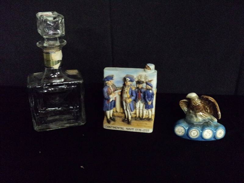 lot 4036 image: (2) ct. lot decorative decanters and (1) decorative decanter topper