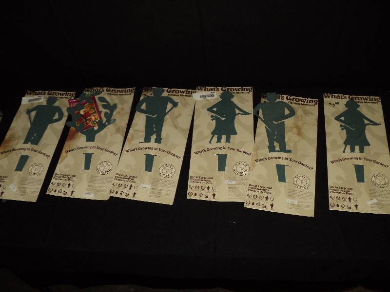 lot 4091 image: (6) ct. lot whats growing garden stake seed packet holders, male and female gardeners and plant