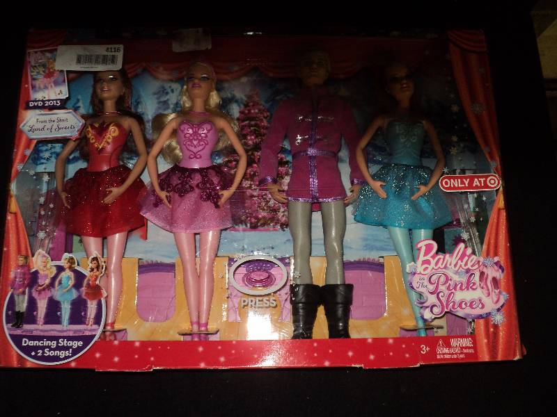 lot 4116 image: Barbie and the Pink Shoes Dancing Stage with 4 dolls, takes LR44 button batteries, not included