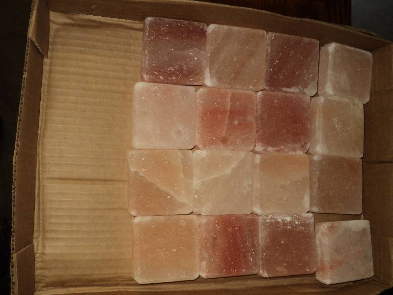 lot 4183 image: (16) ct. lot Pink salt blocks, blocs are 3 x 3 square w beveled edge, blocks may have chips, cracks, imperfections and may vary in shade from picture.