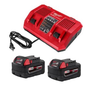 lot 40827 image: $$ Milwaukee M18 18-Volt Lithium-lon Starter Kit with Two 5.0 Ah Battery Packs and Dual Bay Rapid Charger, Retail $199