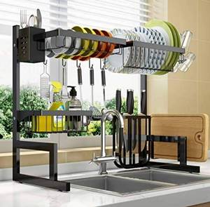 lot 57783 image: Over The Sink Dish Drying Rack, Black, With Utensip Holder