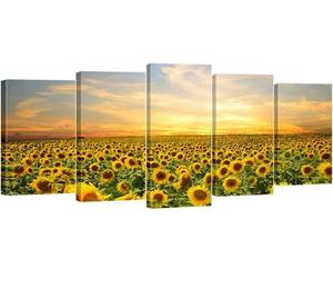 lot 57791 image: Wieco Art Sunflowers Canvas Prints Wall Art Landscape Pictures Paintings Ready to Hang for Living Room Bedroom Home Office Decorations Modern 5 Panels Stretched and Framed Yellow Flower Giclee Artwork